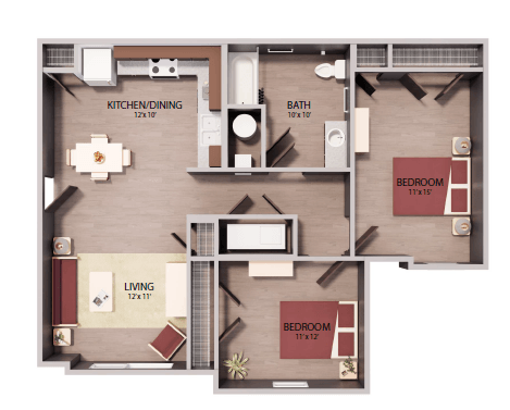 Floor plan for 2 beds, 1 bath, 910 sqft